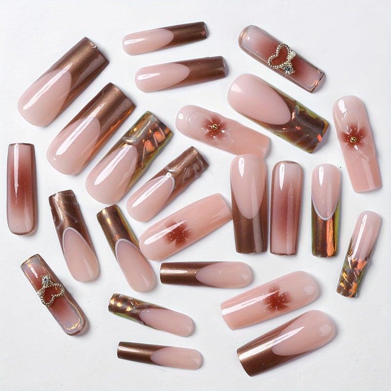 SINHOT Press on Nails - Long Square Fake Nails, Glossy Finish, 3D Flowers & Chrome Heart, DIY Artificial False Nail Art - 24 Pcs Nail Kit with Glue - Image 3